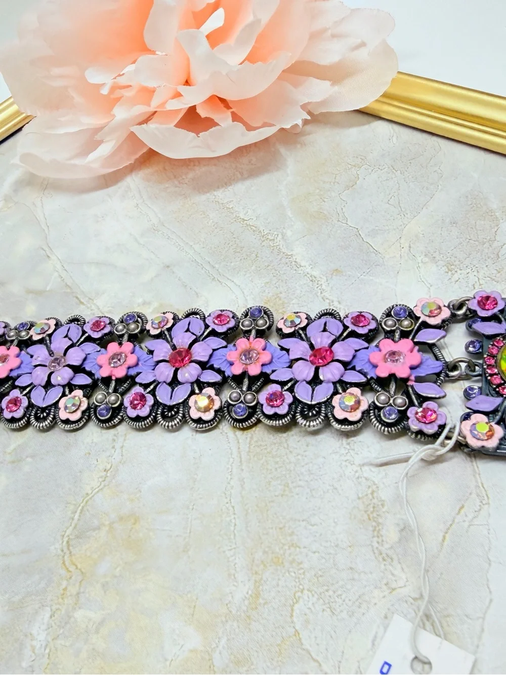 Vintage wide bracelet signet Michal Negrin,Silver purple flowers with crystal